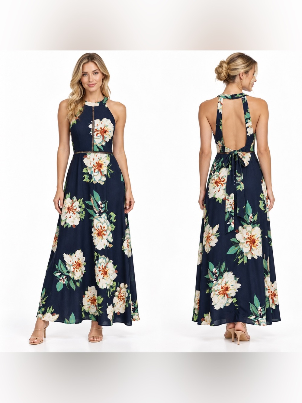 MISSLOOK Size Medium Navy Floral Halter Maxi Dress Open Tie Back